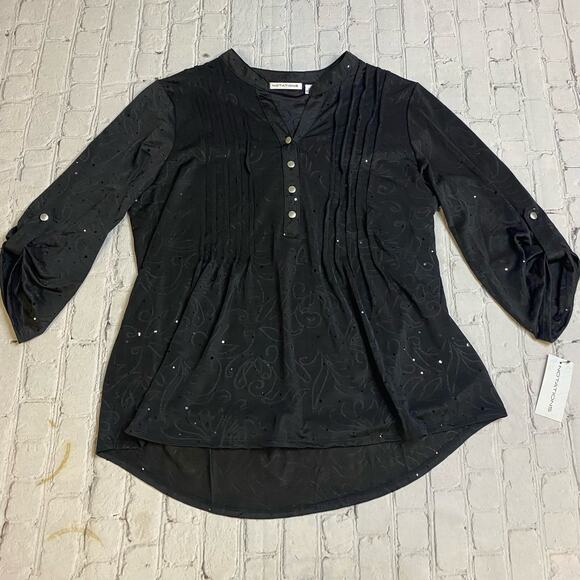 notations womens blouse L rollcuff Ruffle Witchy Sparkle NYC camp bold Statement - Picture 1 of 9